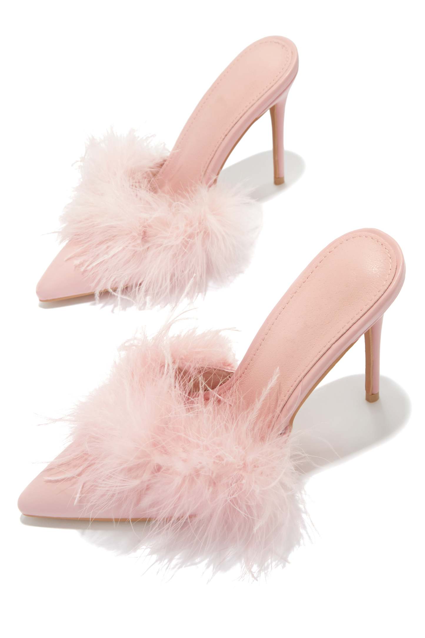 Lorelai Faux Feather Mule Heels - Pink-Laseno.All Rights Reserved.