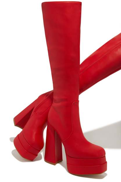 Xena Platform Block Heel Boots - Red-Laseno.All Rights Reserved.
