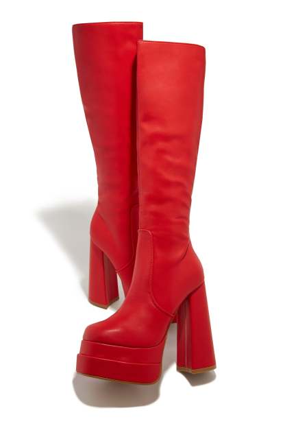 Xena Platform Block Heel Boots - Red-Laseno.All Rights Reserved.