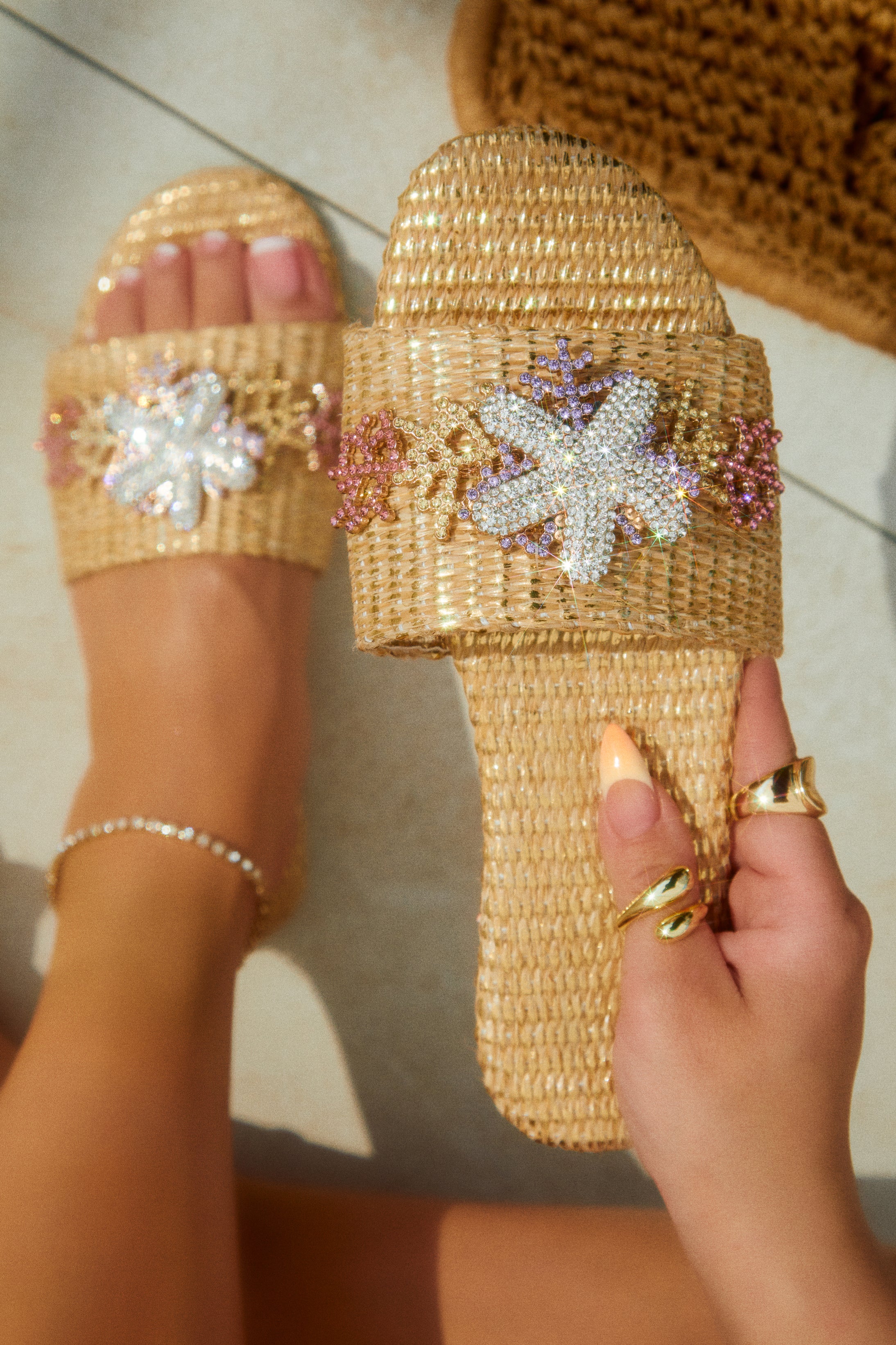 Seaside Muse Embellished Slip On Sandals - Natural-Laseno.All Rights Reserved.