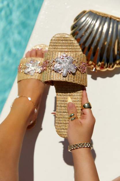 Seaside Muse Embellished Slip On Sandals - Natural-Laseno.All Rights Reserved.