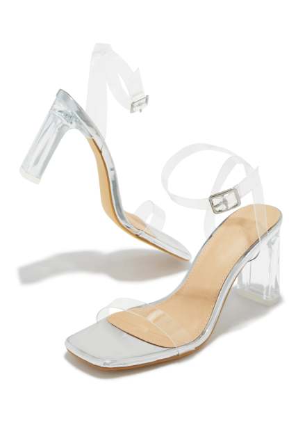 Simply Yours Clear Ankle Strap Heels - Silver-Laseno.All Rights Reserved.