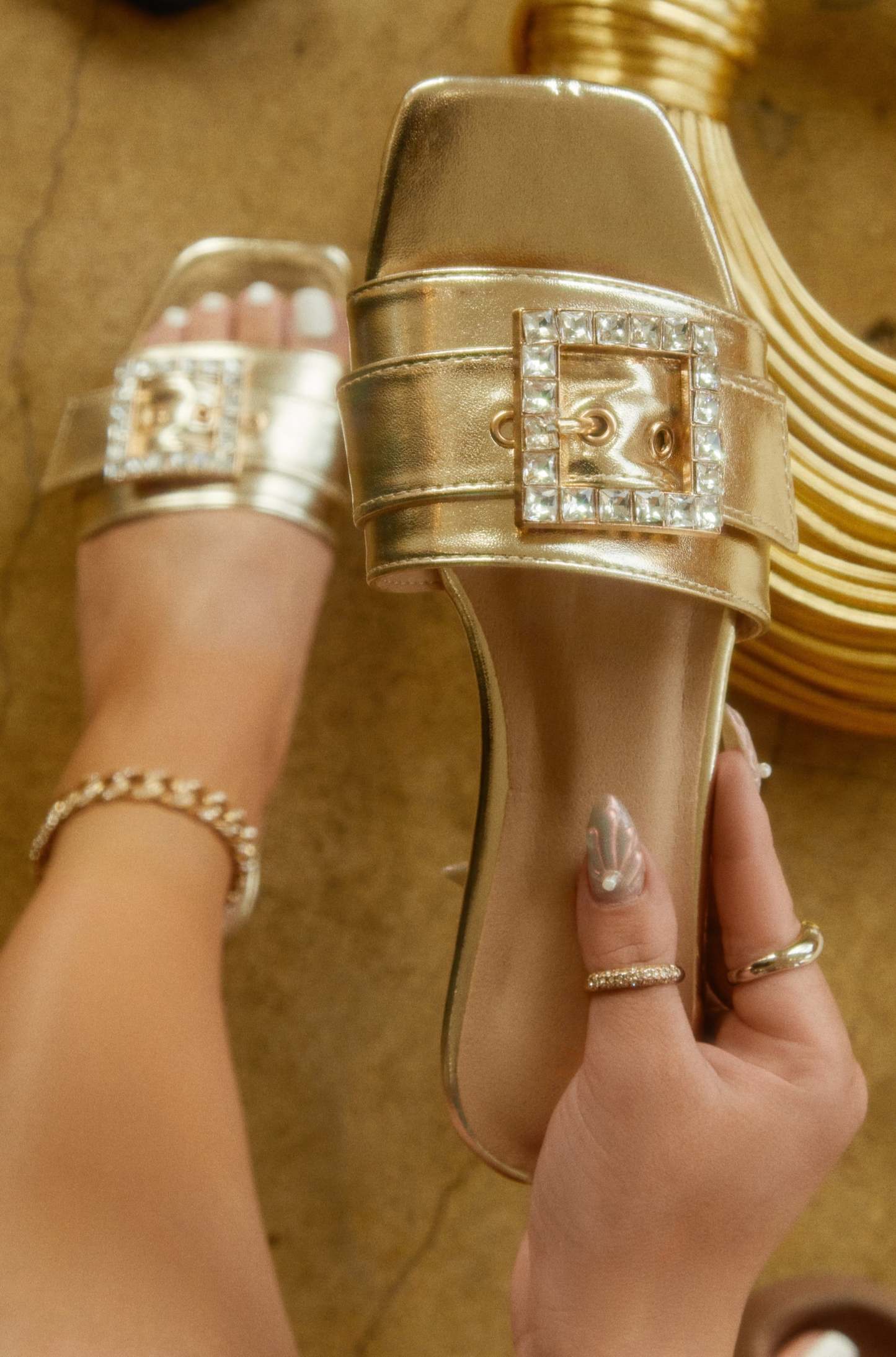 Summer Solstice Embellished Buckle Slip On Sandals - Gold-Laseno.All Rights Reserved.