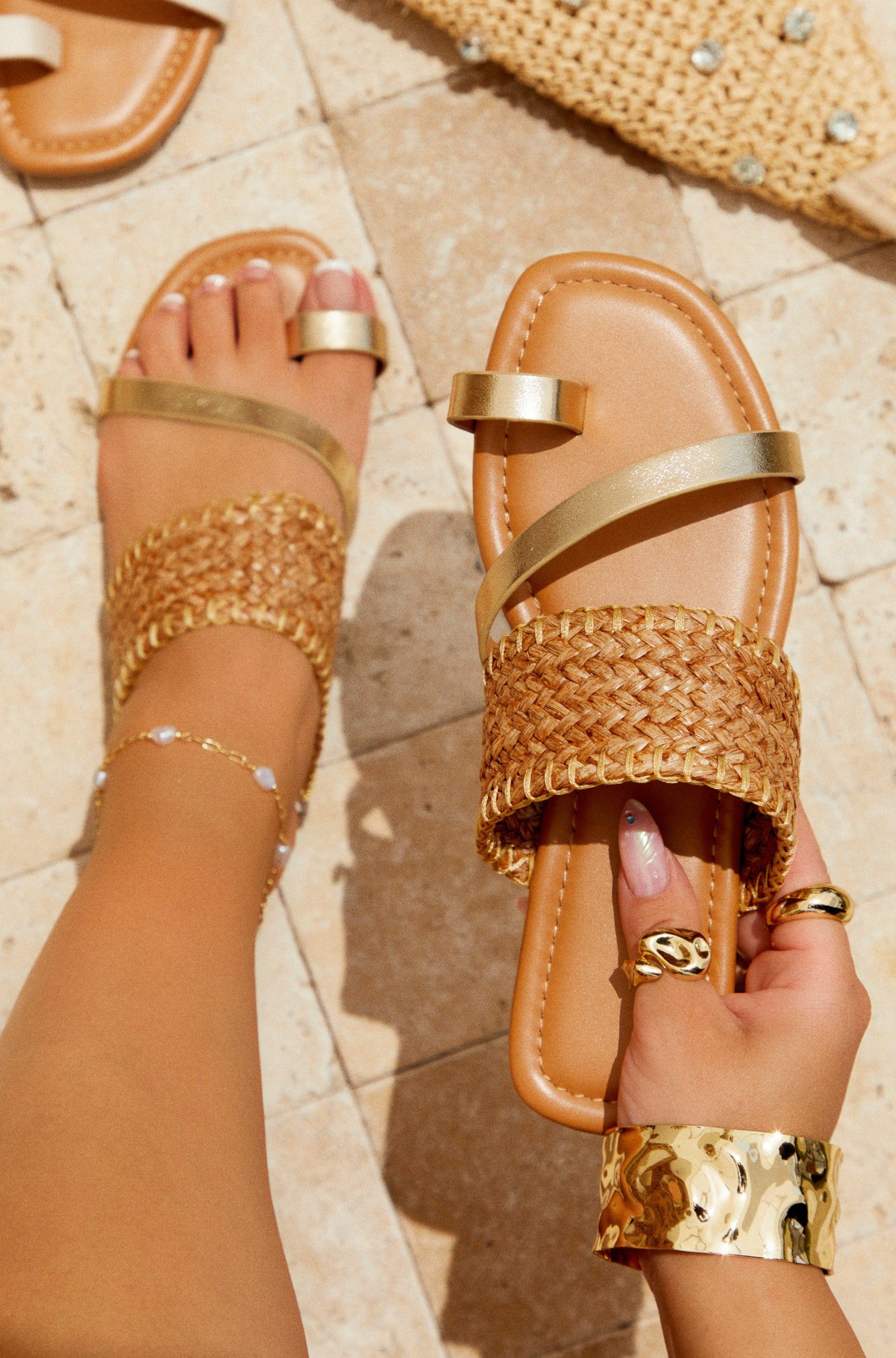 Vacay Approved Slip On Sandals - Gold-Laseno.All Rights Reserved.