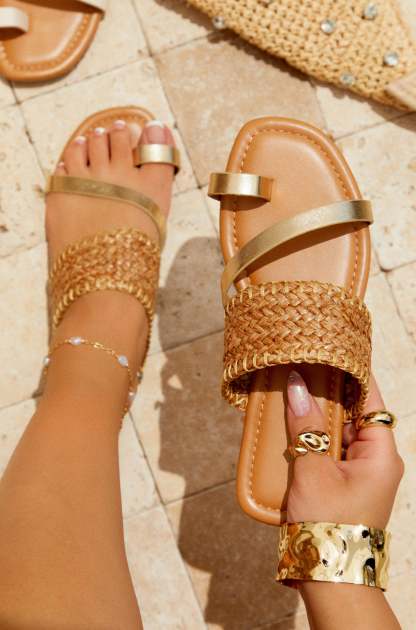 Vacay Approved Slip On Sandals - Gold-Laseno.All Rights Reserved.