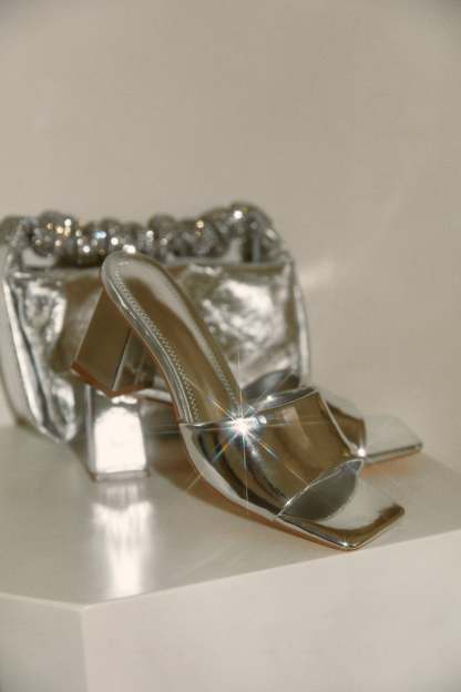 Valentine Block Heel Mules - Silver-Laseno.All Rights Reserved.