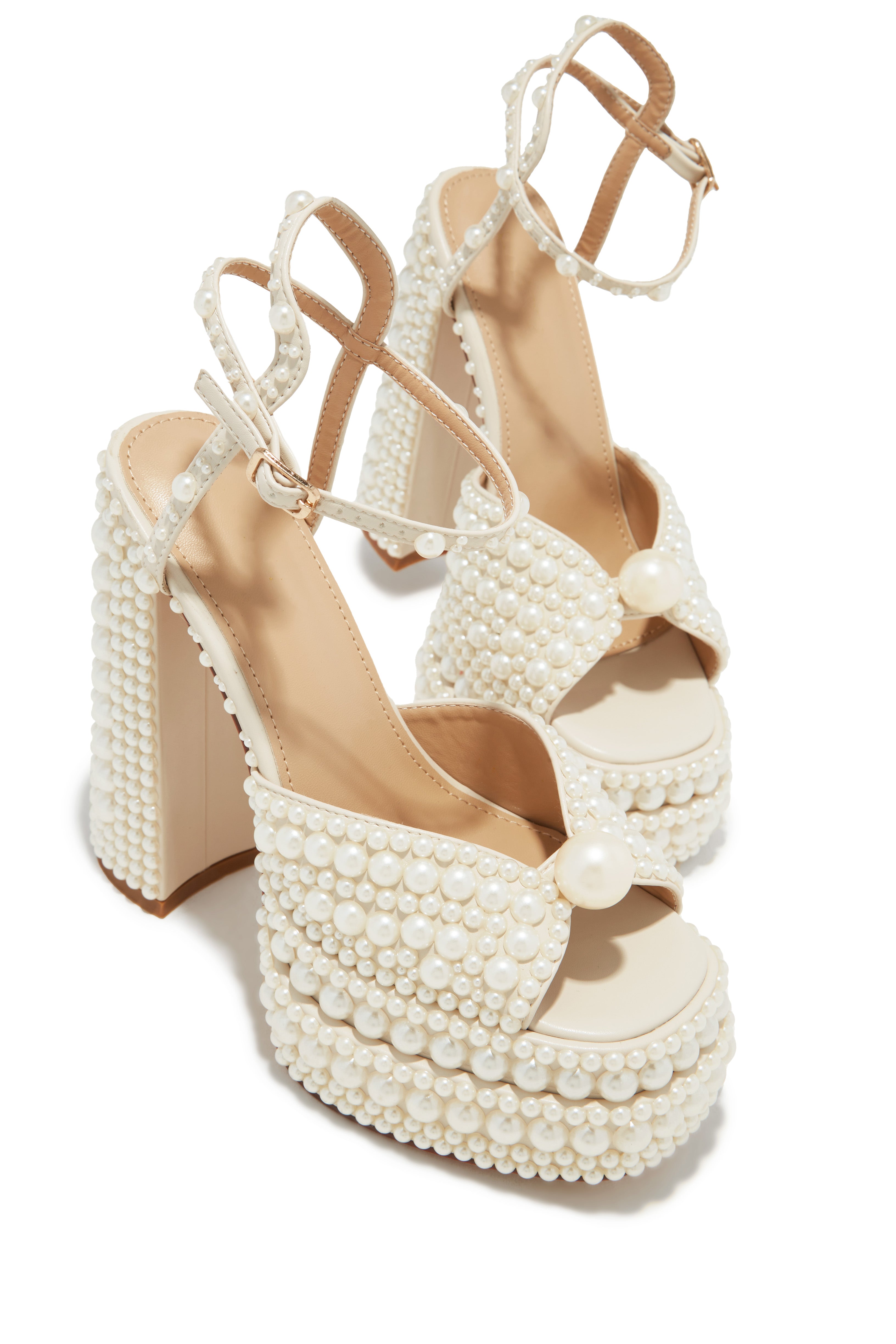 Wifey Status Platform Block Pearl Heels - White-Laseno.All Rights Reserved.