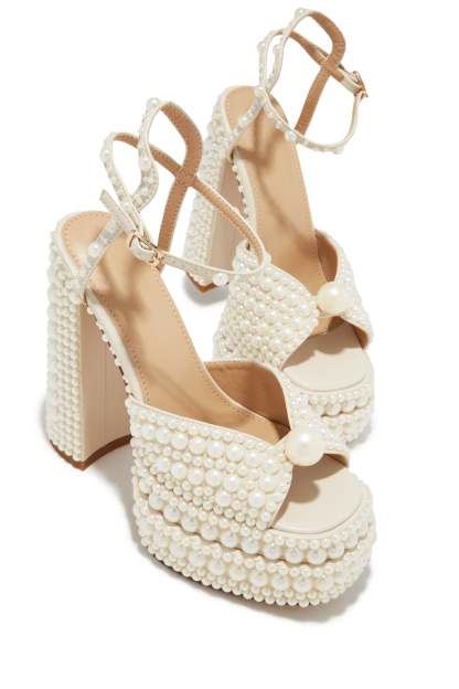 Wifey Status Platform Block Pearl Heels - White-Laseno.All Rights Reserved.