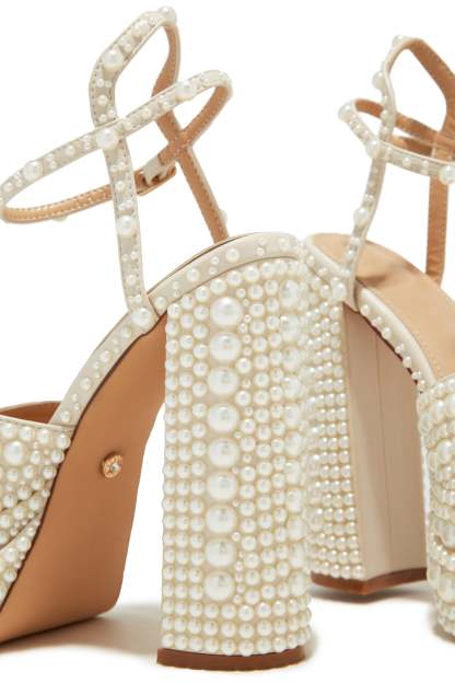 Wifey Status Platform Block Pearl Heels - White-Laseno.All Rights Reserved.