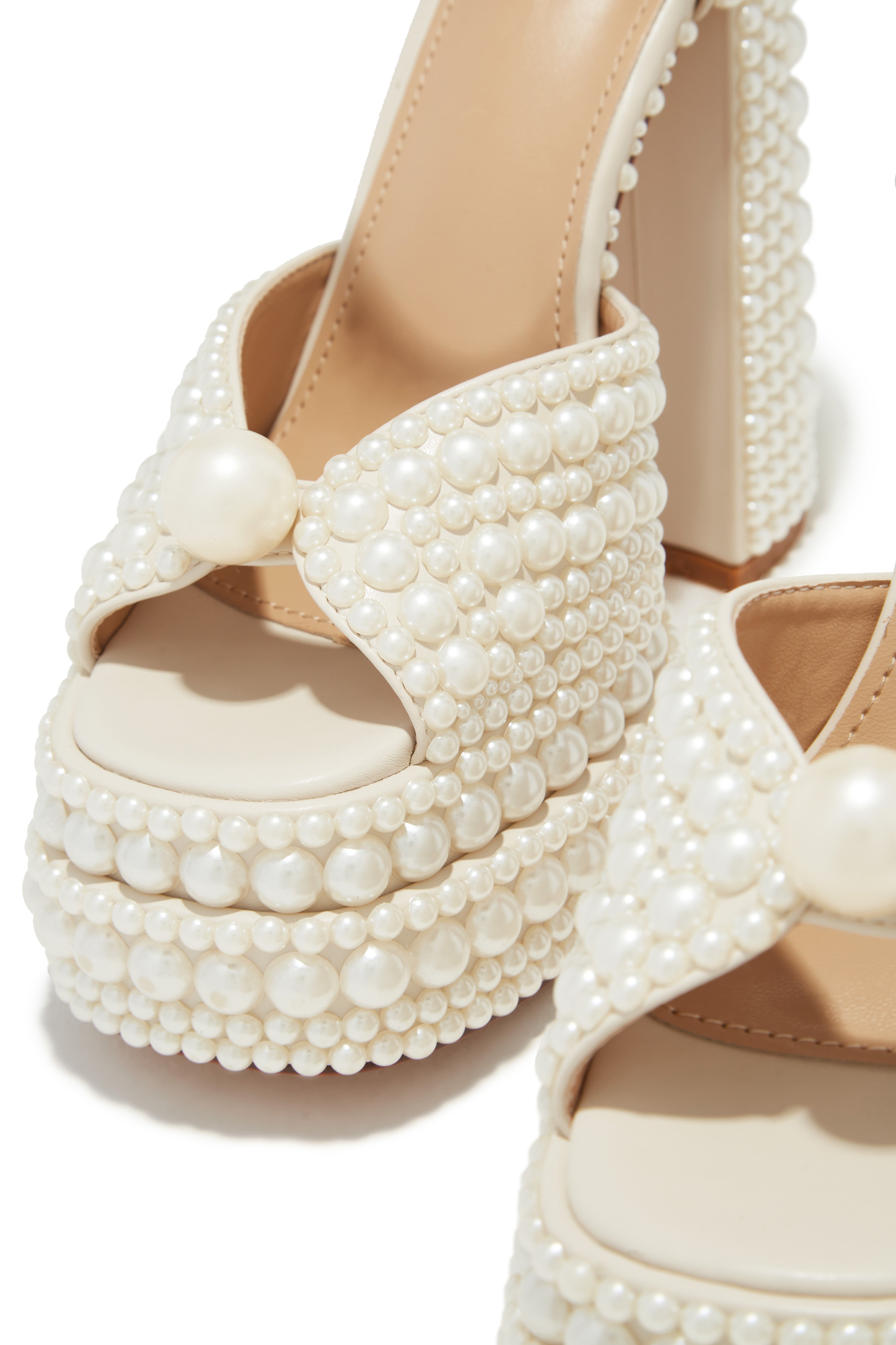 Wifey Status Platform Block Pearl Heels - White-Laseno.All Rights Reserved.