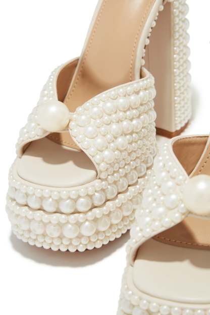 Wifey Status Platform Block Pearl Heels - White-Laseno.All Rights Reserved.