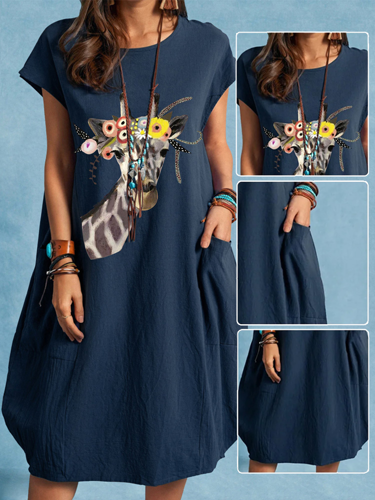 Bedrucktes Taschenkleid aus Baumwolle und Leinen