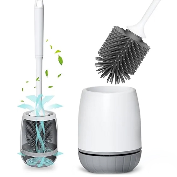 Klobürste Silikon, Toilettenbürste mit Schnell Trocknendem Ständer und Auslaufsicherer Basis, WC-Bürste Silikon Sauber Ohne Tote Ecken, Klobürstenhalter Wandmontage & Stehen