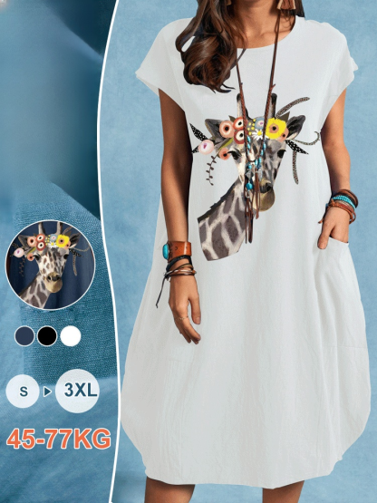 Bedrucktes Taschenkleid aus Baumwolle und Leinen