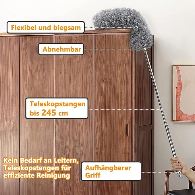 Staubwedel Teleskop Waschbar，Staubwischer lang ausziehbar bis 2,45m，staubwedel mit teleskopstange und Biegbar，Spinnwebenbesen für hohe Decken Deckenventilator spinnenweben Eckbesen Grau