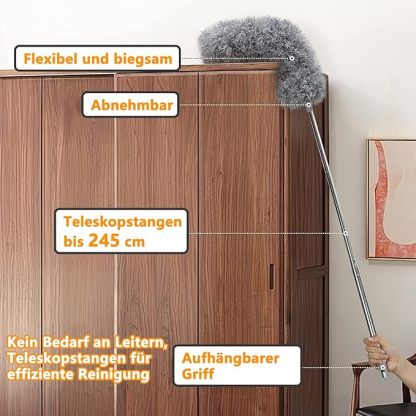Staubwedel Teleskop Waschbar，Staubwischer lang ausziehbar bis 2,45m，staubwedel mit teleskopstange und Biegbar，Spinnwebenbesen für hohe Decken Deckenventilator spinnenweben Eckbesen Grau