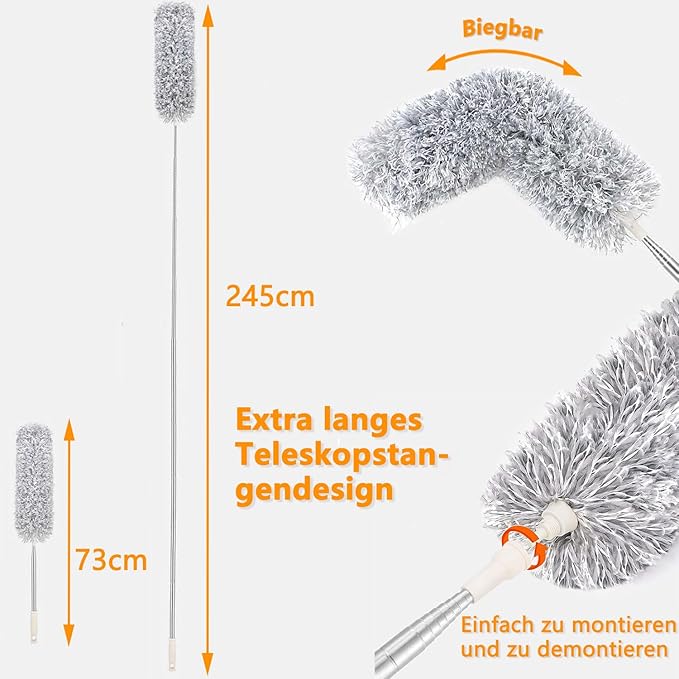Staubwedel Teleskop Waschbar，Staubwischer lang ausziehbar bis 2,45m，staubwedel mit teleskopstange und Biegbar，Spinnwebenbesen für hohe Decken Deckenventilator spinnenweben Eckbesen Grau