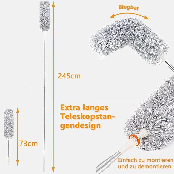 Staubwedel Teleskop Waschbar，Staubwischer lang ausziehbar bis 2,45m，staubwedel mit teleskopstange und Biegbar，Spinnwebenbesen für hohe Decken Deckenventilator spinnenweben Eckbesen Grau