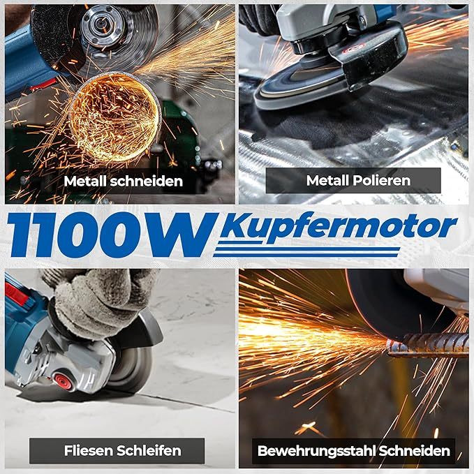 Winkelschleifer 1100W, 125mm, Leerlaufdrehzahl:11.800min-1, Schnellverschlussabdeckung, Zusatzhandgriff ，mit 2 Schleifscheiben, 2 Fächerschleifscheiben, 2 Trennscheiben