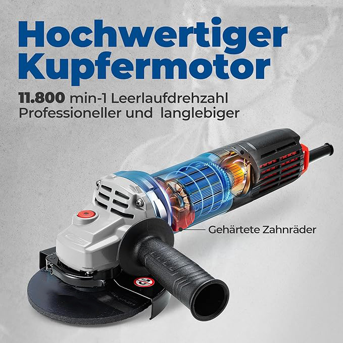 Winkelschleifer 1100W, 125mm, Leerlaufdrehzahl:11.800min-1, Schnellverschlussabdeckung, Zusatzhandgriff ，mit 2 Schleifscheiben, 2 Fächerschleifscheiben, 2 Trennscheiben