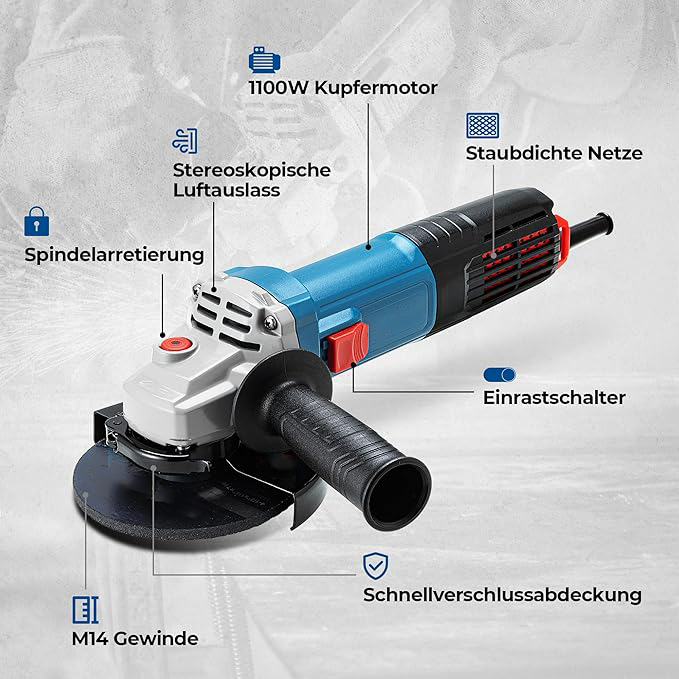 Winkelschleifer 1100W, 125mm, Leerlaufdrehzahl:11.800min-1, Schnellverschlussabdeckung, Zusatzhandgriff ，mit 2 Schleifscheiben, 2 Fächerschleifscheiben, 2 Trennscheiben