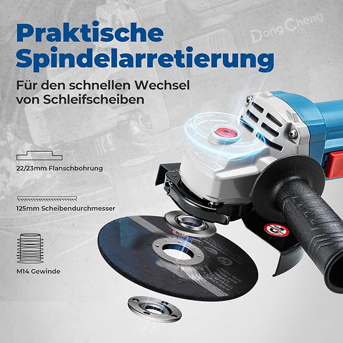 Winkelschleifer 1100W, 125mm, Leerlaufdrehzahl:11.800min-1, Schnellverschlussabdeckung, Zusatzhandgriff ，mit 2 Schleifscheiben, 2 Fächerschleifscheiben, 2 Trennscheiben