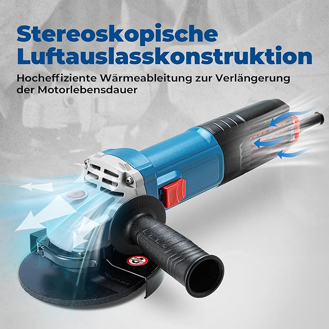 Winkelschleifer 1100W, 125mm, Leerlaufdrehzahl:11.800min-1, Schnellverschlussabdeckung, Zusatzhandgriff ，mit 2 Schleifscheiben, 2 Fächerschleifscheiben, 2 Trennscheiben