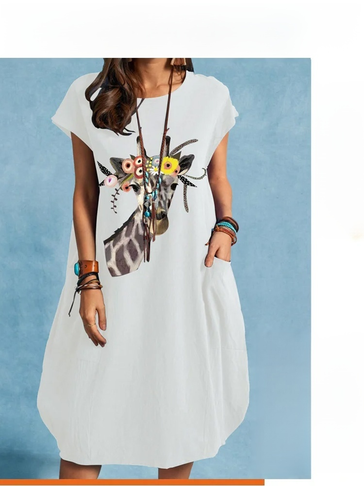 Bedrucktes Taschenkleid aus Baumwolle und Leinen