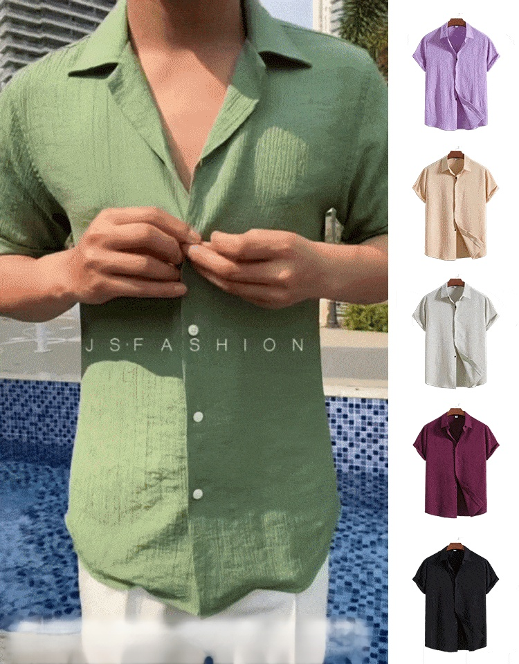 Kurzärmliges Herrenhemd aus Baumwolle und Leinen mit Knöpfen