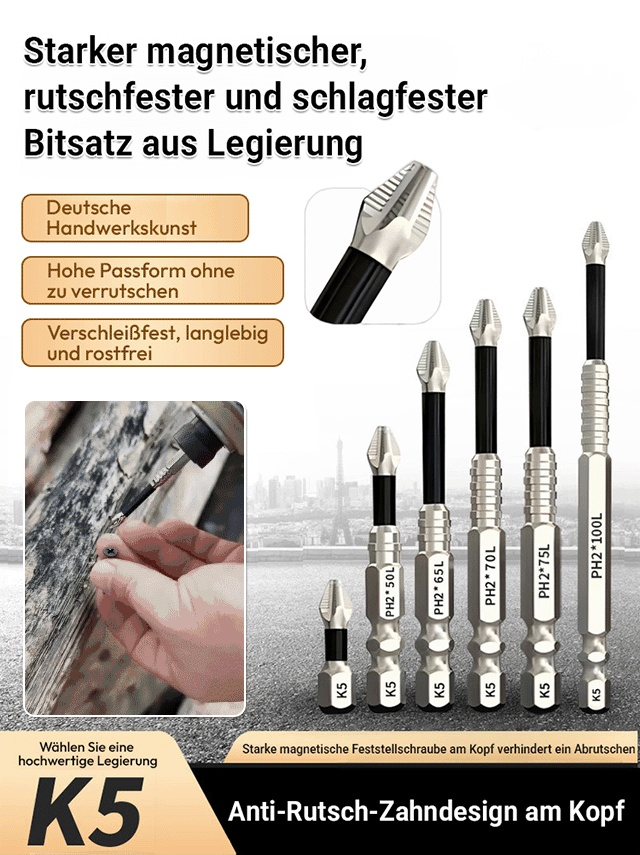 Stark magnetische, rutschfeste und stoßfeste Bit-Set.