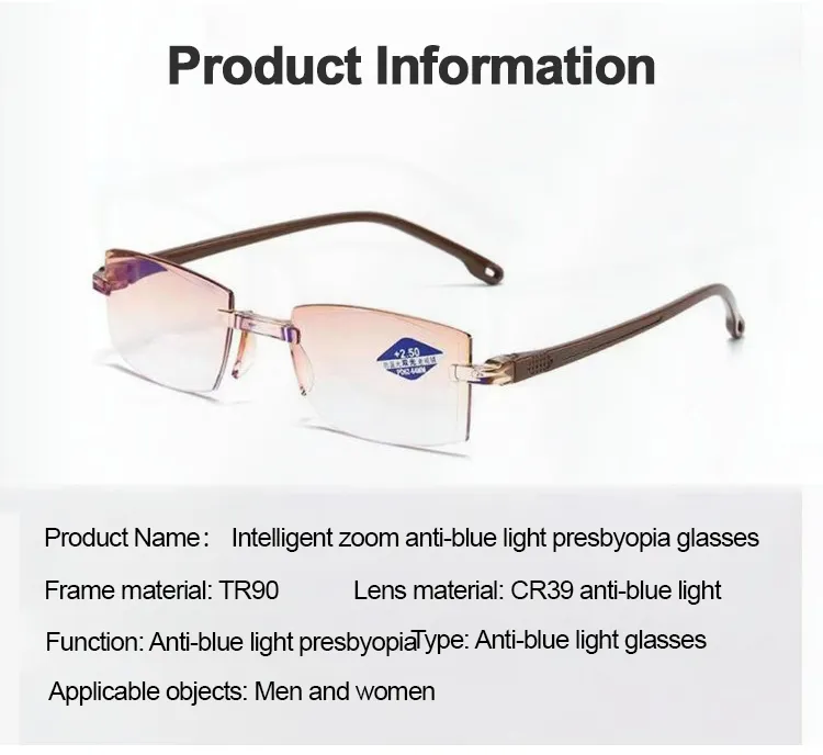 【Block 99.9% of harmful blue light】Auto zoom anti-blue light frameless reading glasses