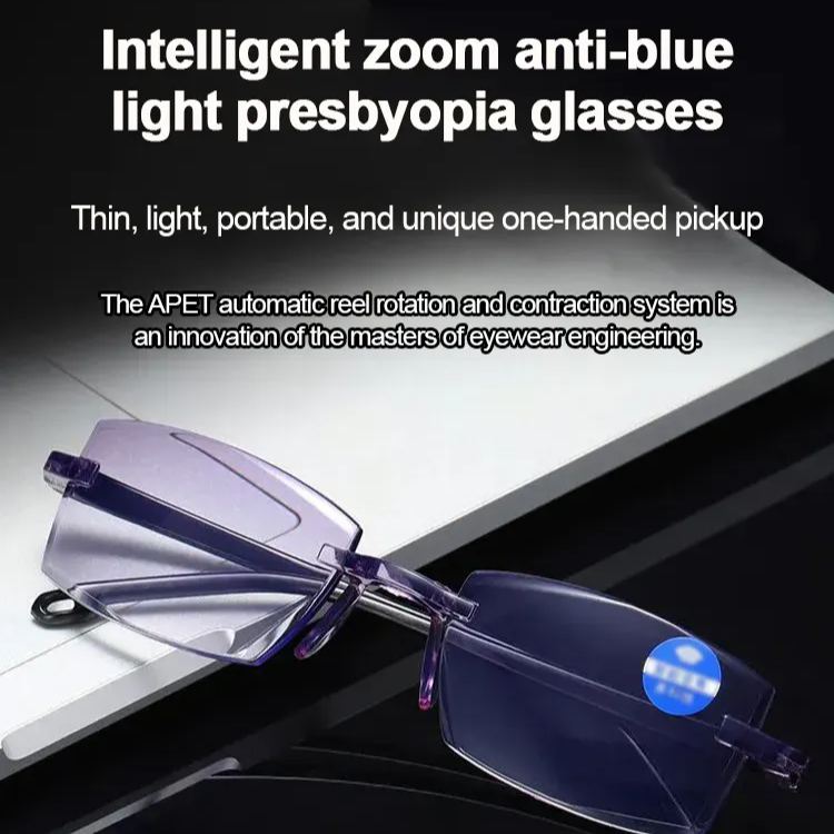 【Block 99.9% of harmful blue light】Auto zoom anti-blue light frameless reading glasses