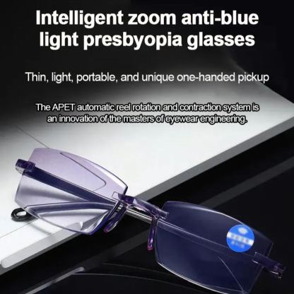 【Block 99.9% of harmful blue light】Auto zoom anti-blue light frameless reading glasses