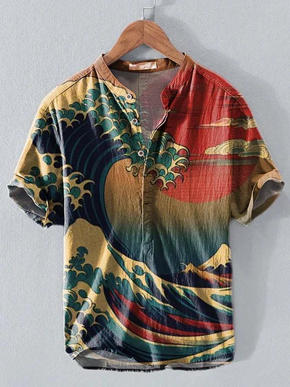 Retro Japan Kanagawa Waves Ukiyo-e Painting Print Casual Cotton And Linen Polo