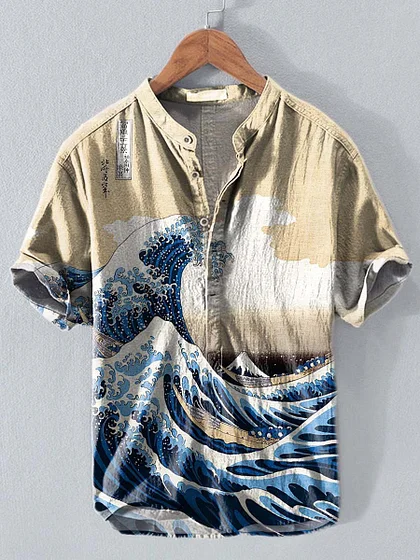 Retro Japanese Style Kanagawa Waves Ukiyo-e Print Casual Cotton And Linen Polo