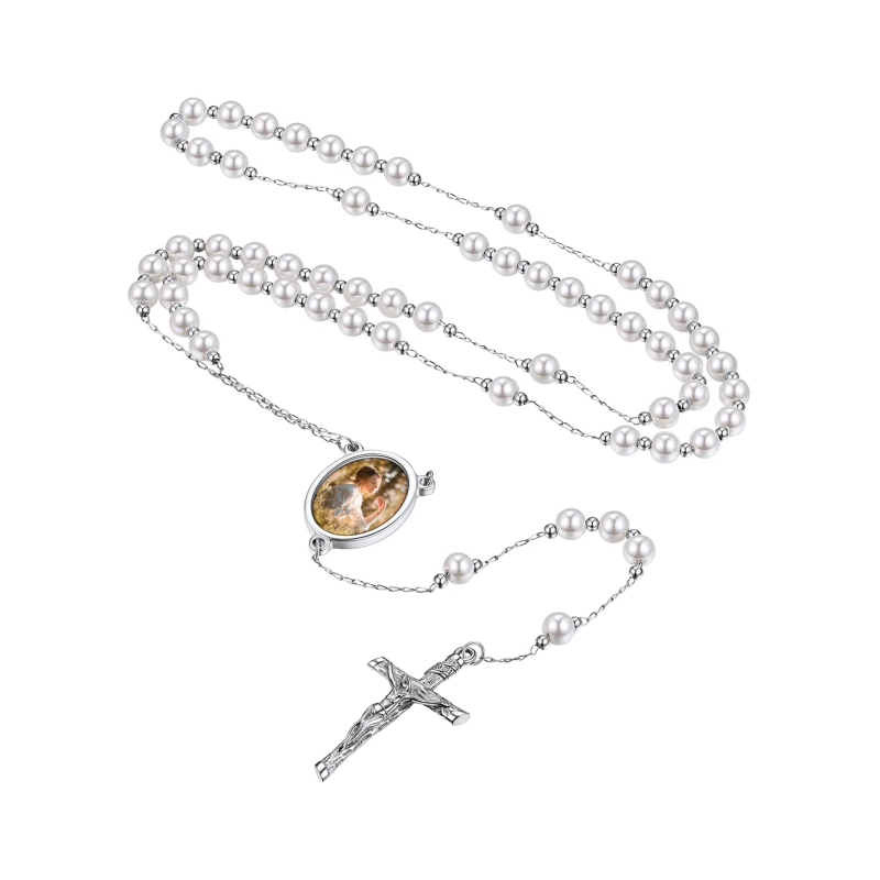 Collier Chapelet Personnalisé avec Croix en Acier Inoxydable Argenté