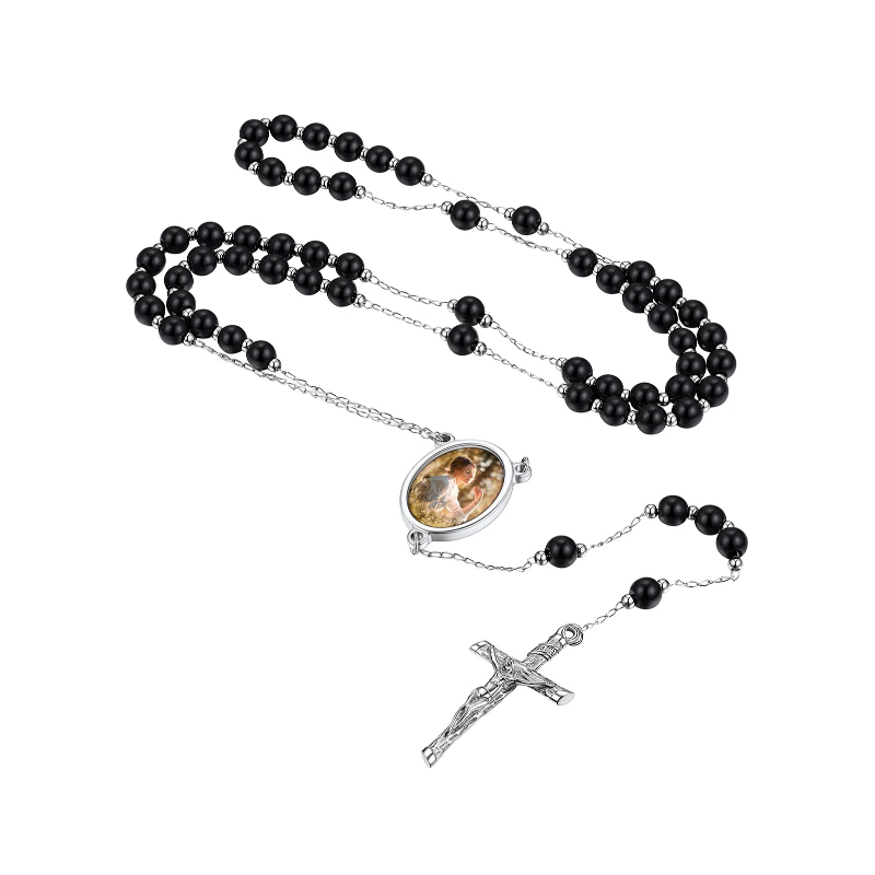 Collier Chapelet Personnalisé avec Croix en Acier Inoxydable Perles Noires