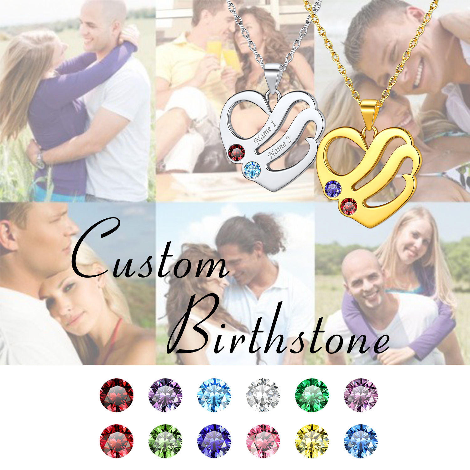 Pendentif Personnalisé Cœur Argent 925 Prénoms et Pierres de Naissance