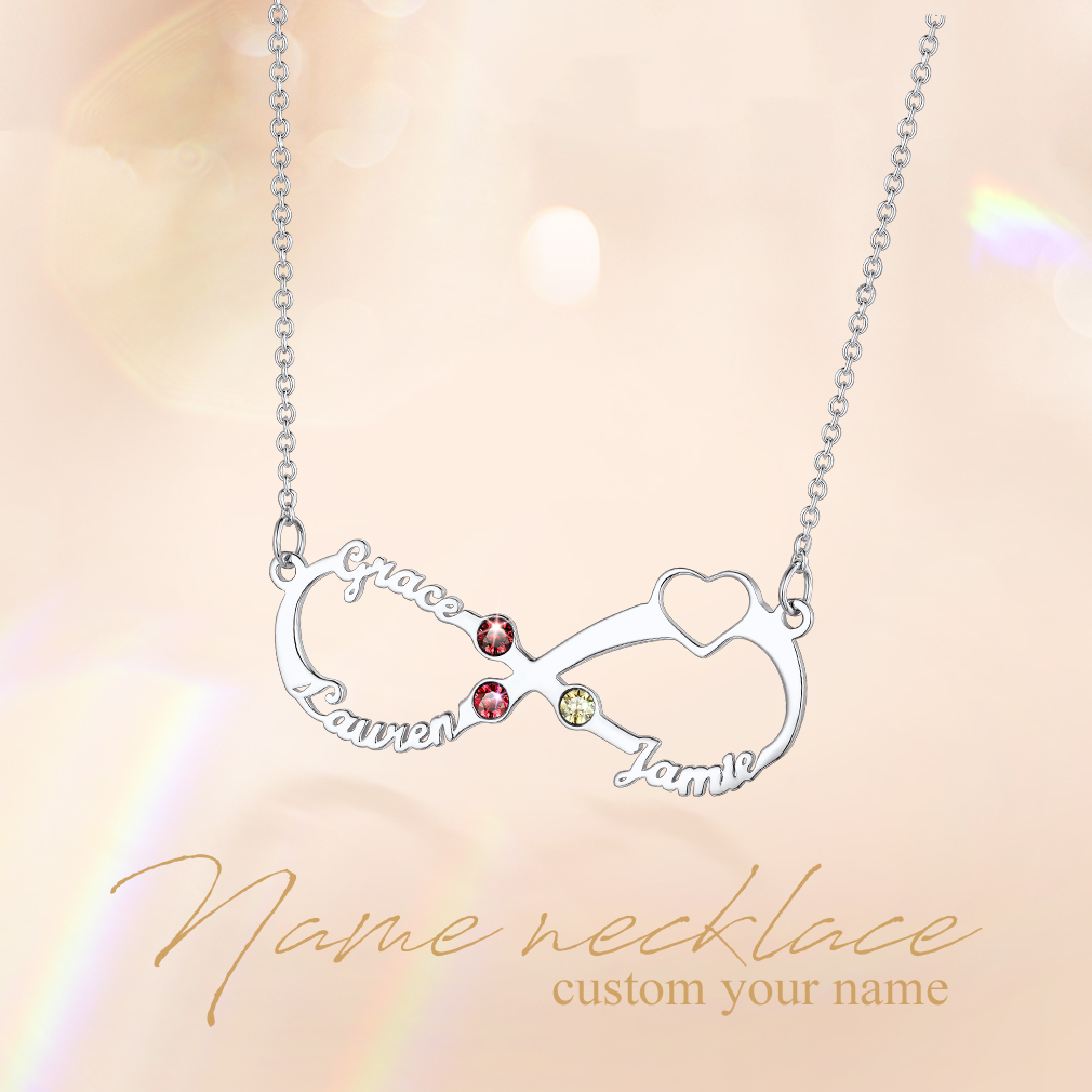 Collier Infini Personnalisé avec 3 Noms et Pierres de Naissance Argenté