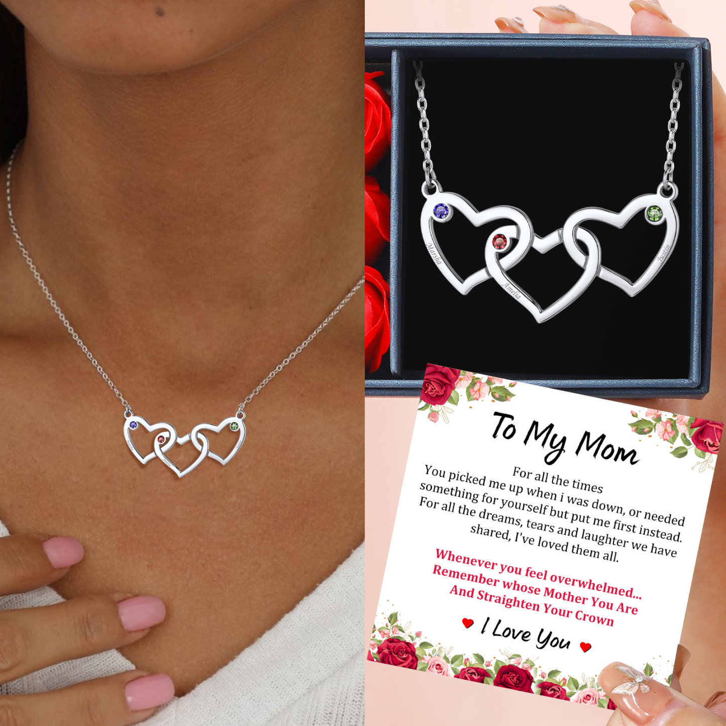 Collier Personnalisé Cœur avec Pierres de naissance et Prénoms Cadeau