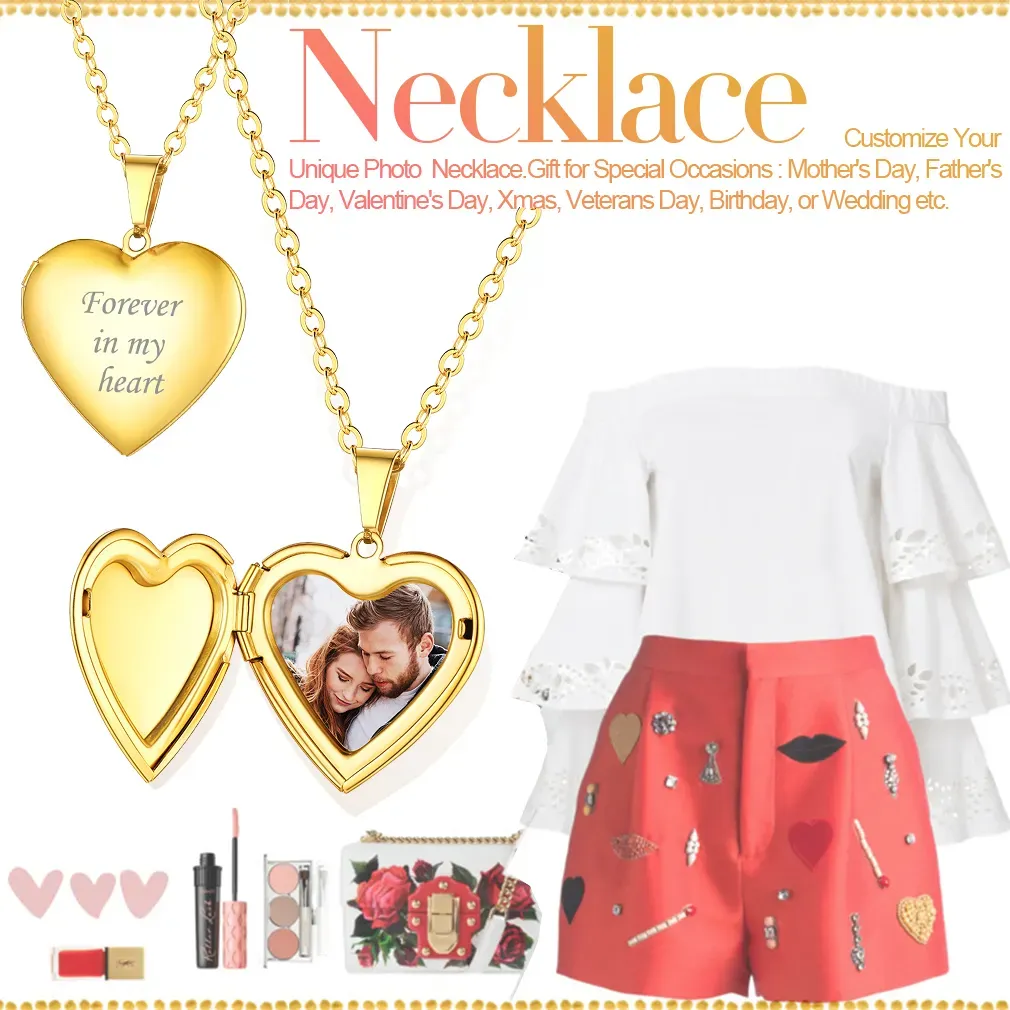 Collier Médaillon Cœur Personnalisé avec Photo pour Femme Or