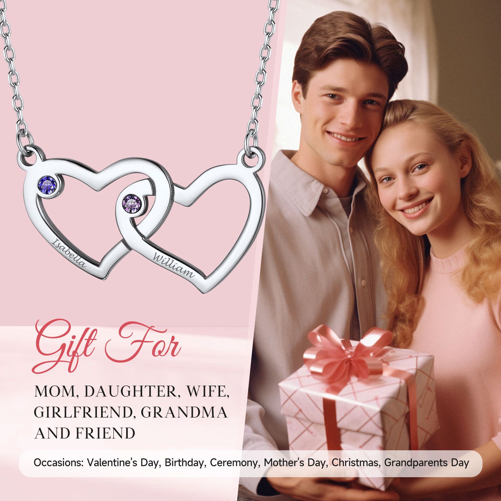 Collier Personnalisé Cœur avec Pierres de naissance et Prénoms Occasion