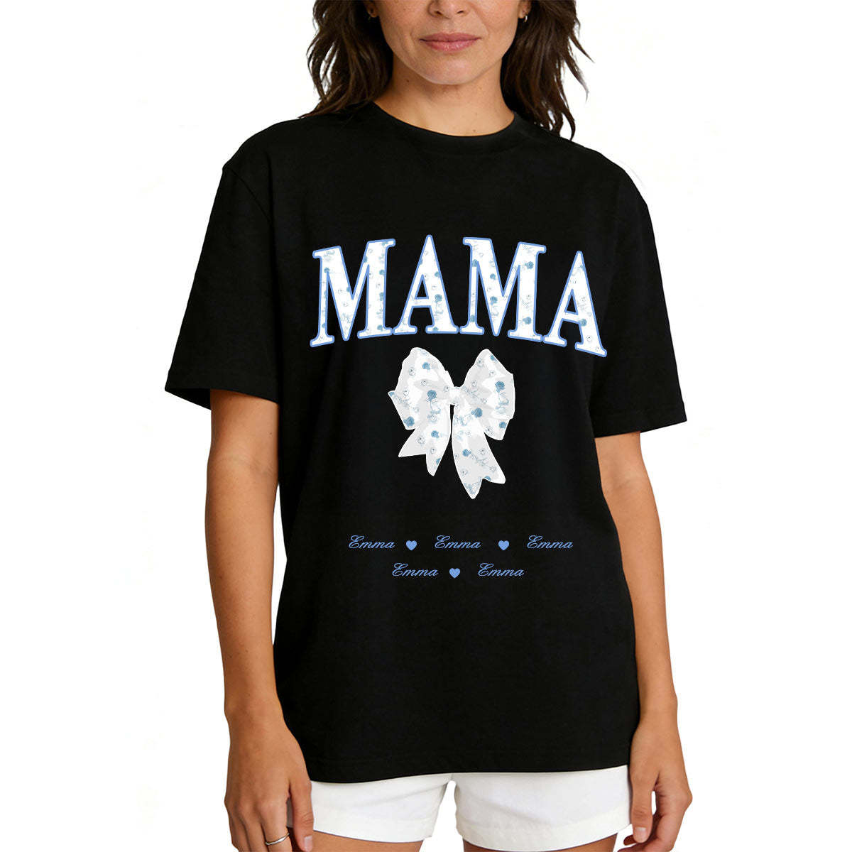 T-shirt à Nœud Personnalisé avec Prénoms pour Maman noir
