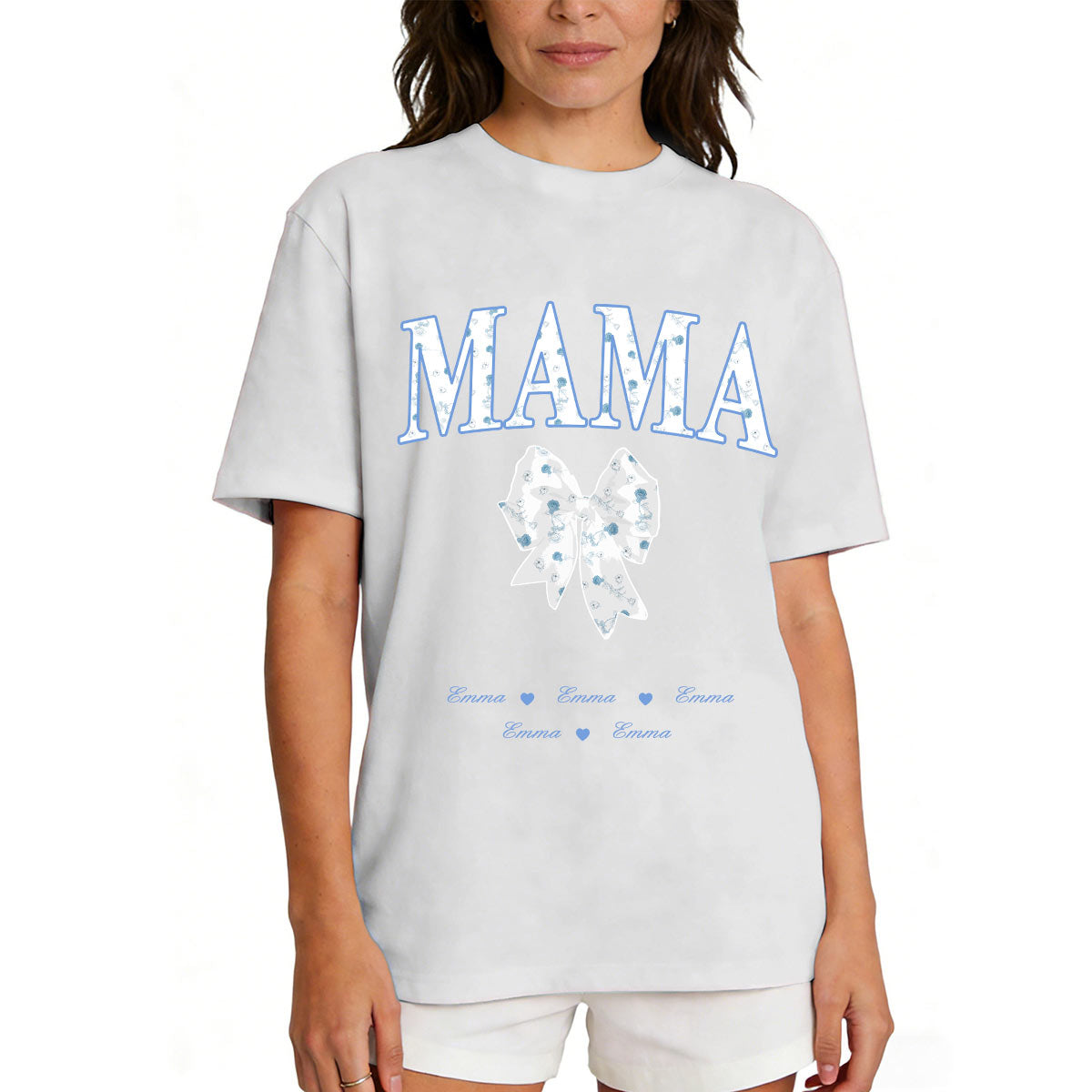 T-shirt à Nœud Personnalisé avec Prénoms pour Maman Light Grey