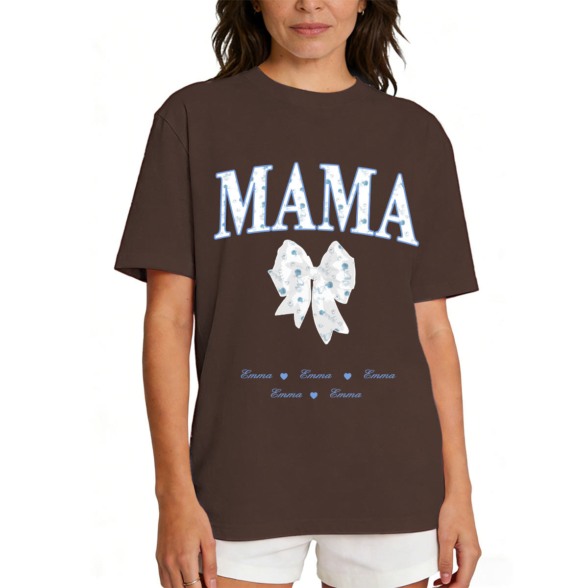 T-shirt à Nœud Personnalisé avec Prénoms pour Maman Marron