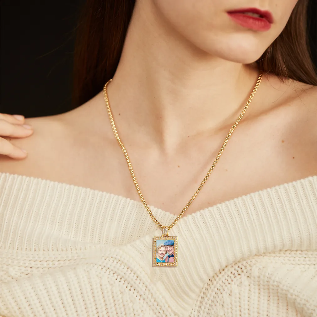 Collier Pendentif Personnalisé avec Photo et Zircon Cubique pour Hommes et Femmes Or