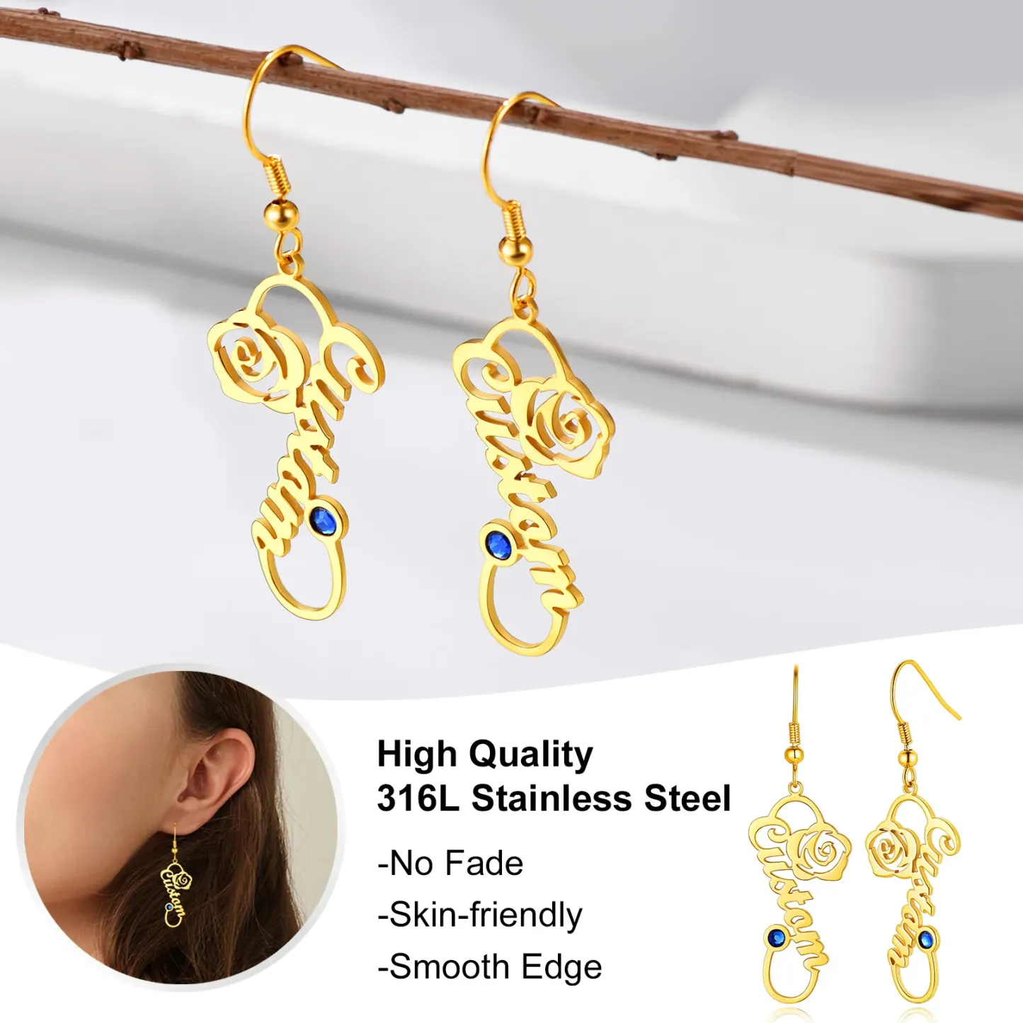 Boucles d'Oreilles Personnalisées avec Prénom et Pierre de Naissance Détail