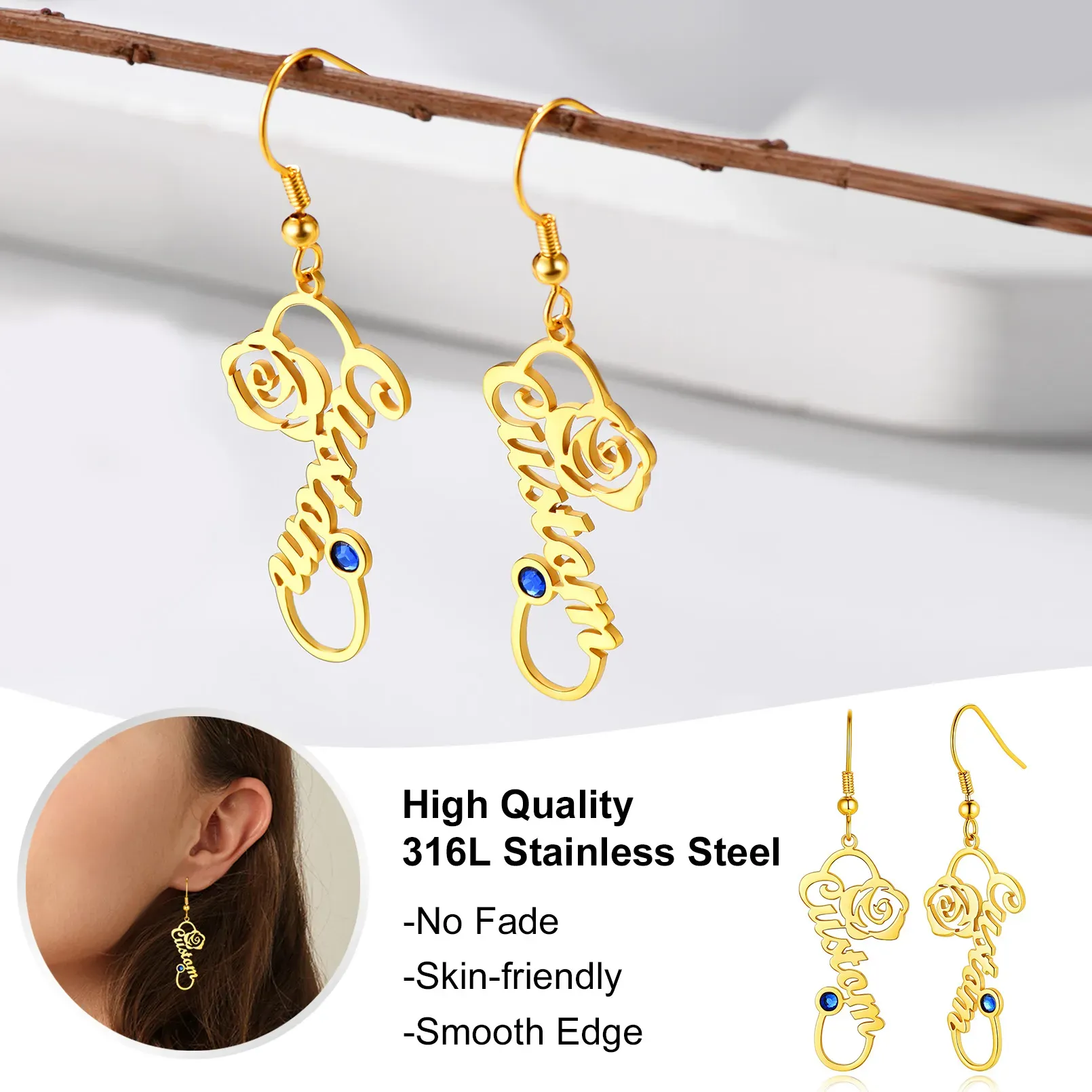 Boucles d'Oreilles Personnalisées avec Prénom et Pierre de Naissance Détail