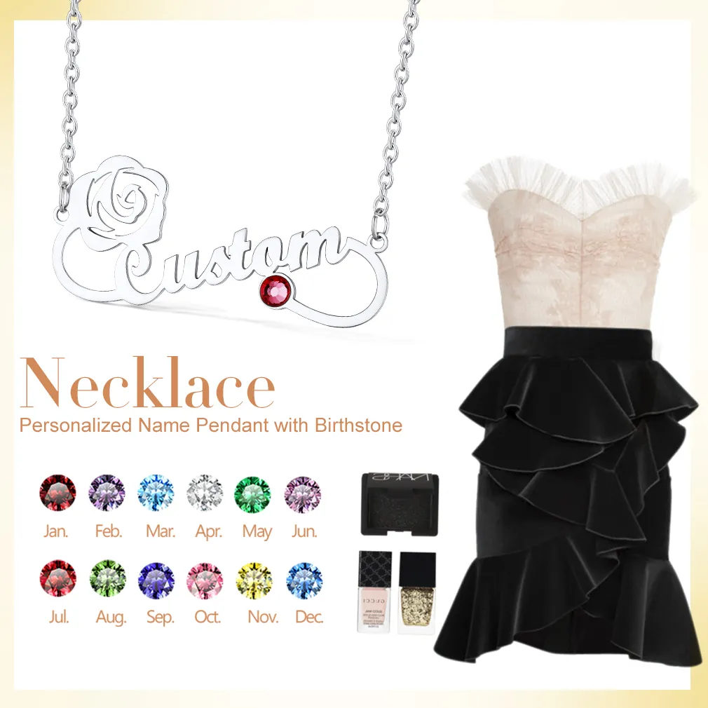 Collier avec Prénom et Pierre de Naissance pour Femme