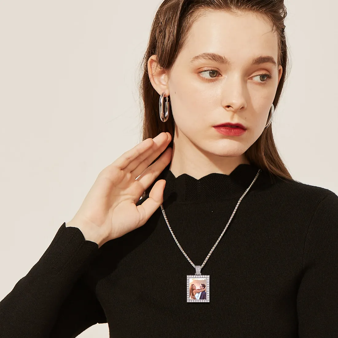 Collier Pendentif Personnalisé avec Photo et Zircon Cubique pour Femmes
